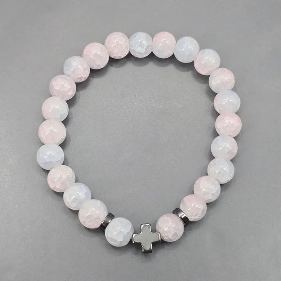 Pink Blue Gray Bead Cross Boho Retro Elastic Bracelet Fashion Jewelry NWOT JB4-3 - Picture 1 of 5